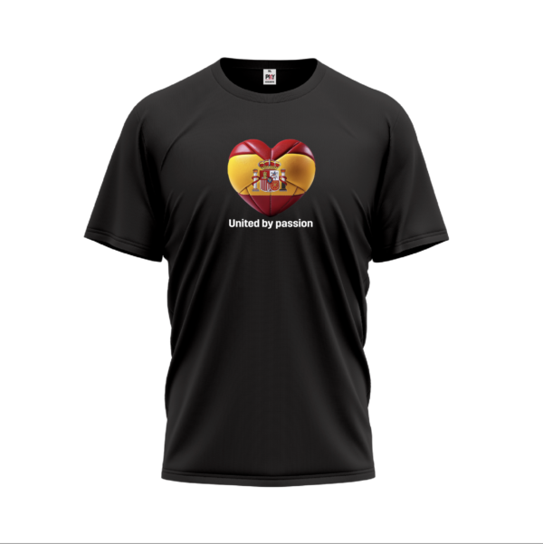 Black t-shirt "United by passion" with Spain volleyball heart